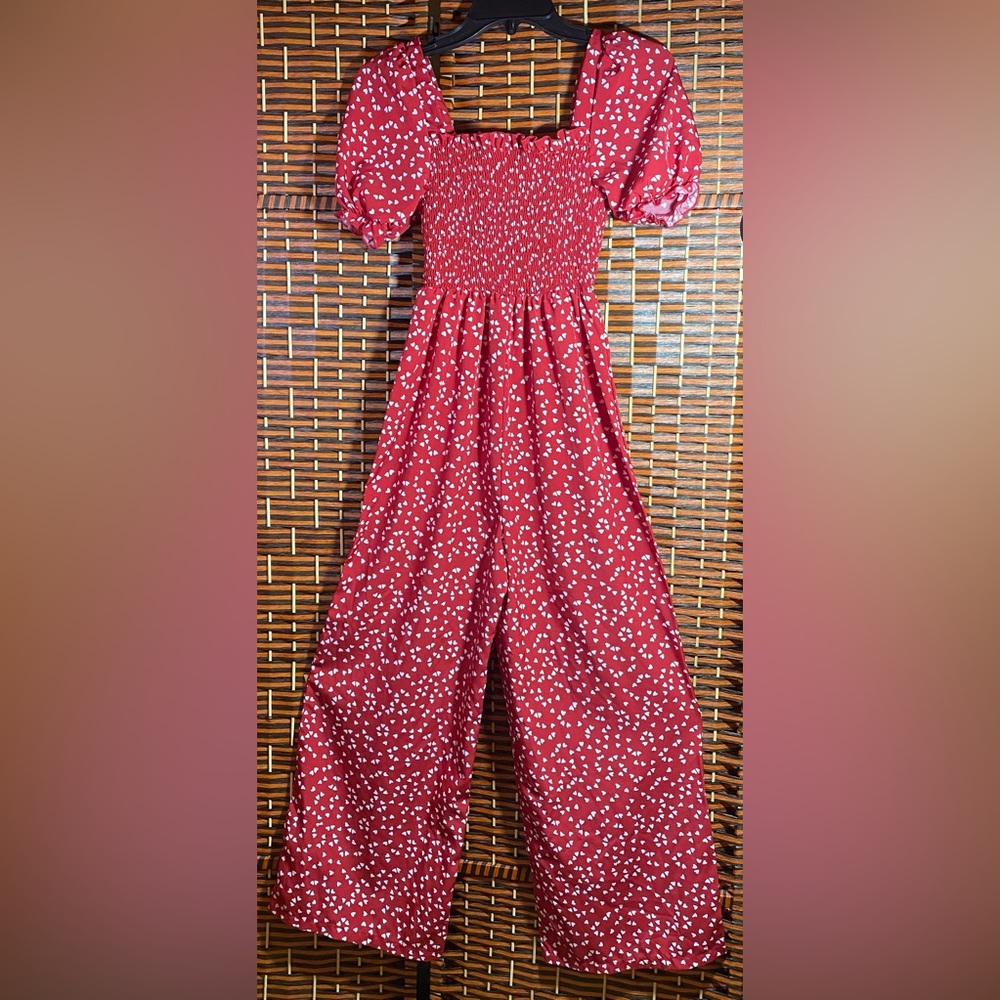 SHEIN Teen Red Heart Print Smocked Puff Sleeve Wide Leg Jumpsuit Size 13Y